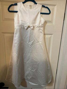 Us Angels White Satin A-Line Dress with Bow Accent